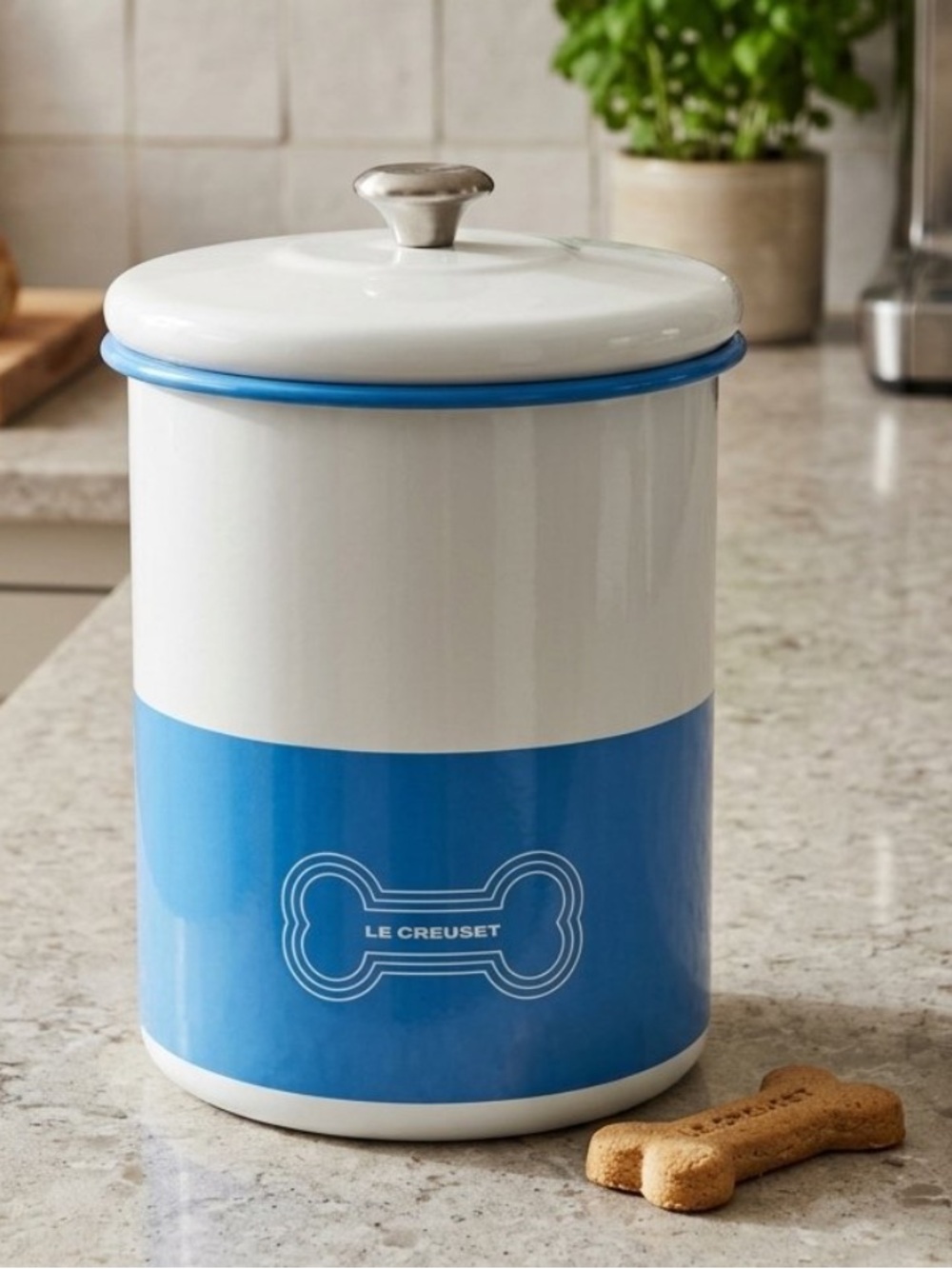 Le Creuset White and Blue Ceramic Canister for dog treats!